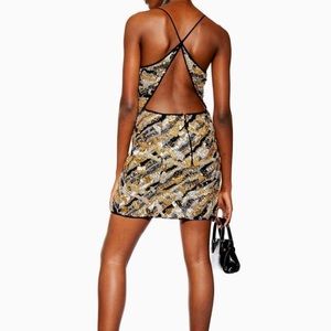 TOPSHOP 10E02PBLK Black/Gold Sequin Beaded Mini Party Evening Dress Size 4